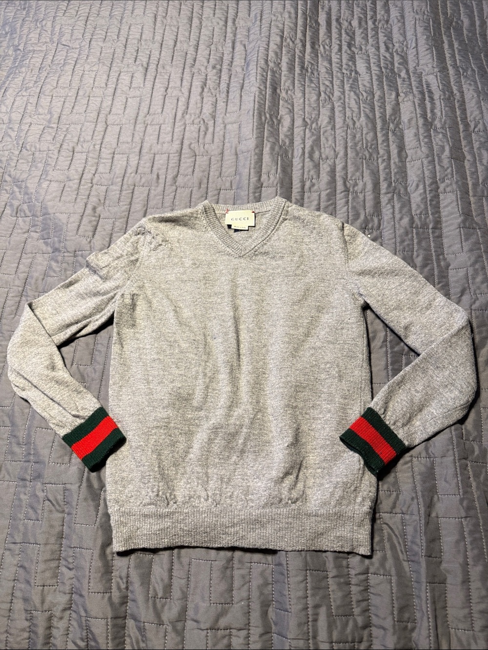 Gucci Gray V-Neck Sweater with Green & Red Cuff Stripes